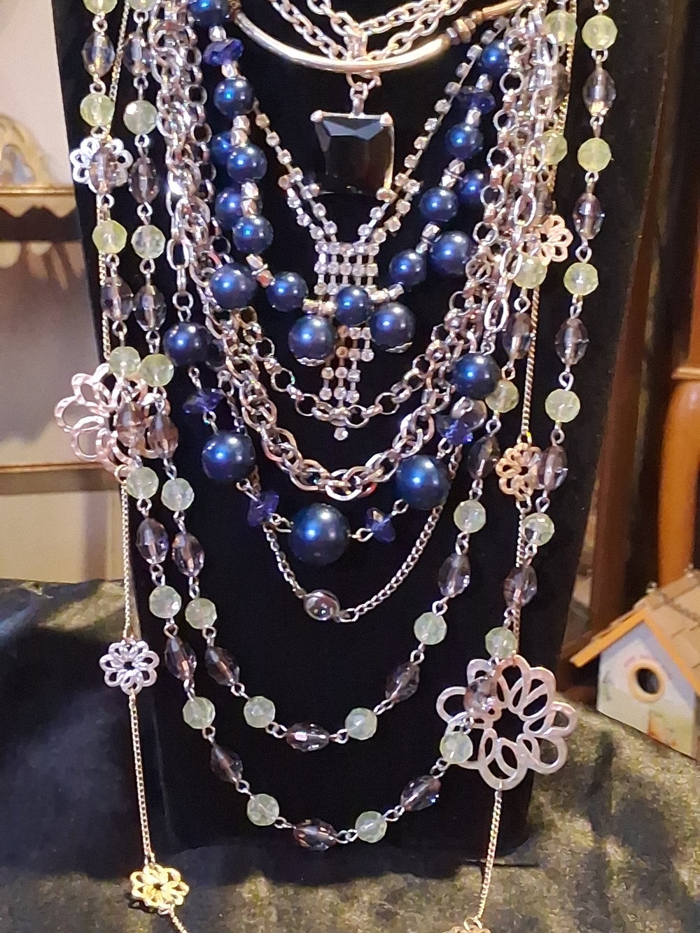 Elegant Multilayer Blue and Pale Green Statement Necklace - Unbranded